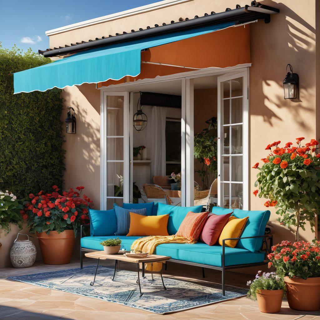 A beautiful outdoor patio scene showcasing various stylish awnings in vibrant colors, casting playful shadows on a cozy seating area. Include a sun-drenched garden with blooming flowers and a clear blue sky to emphasize sunlight control. Add elements of modern decor and elegant furniture to reflect a harmonious blend of functionality and aesthetics. super-realistic. vibrant colors. natural light.