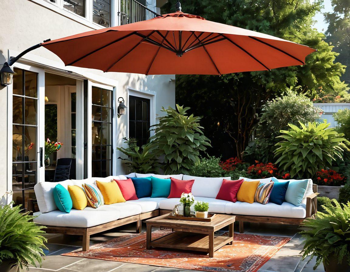An inviting outdoor living space featuring a stylish patio with elegant shade solutions like a large umbrella and a retractable awning, adorned with plush seating and colorful cushions. Lush greenery surrounds the area, complementing the serene atmosphere. A sun-drenched evening glow casts shadows, creating a cozy ambiance. super-realistic. vibrant colors. 3D.